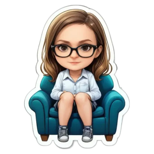 A girl wearing glasses is sitting on a chair.