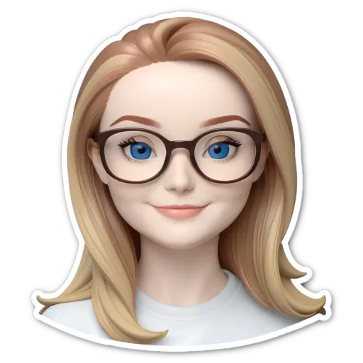 A sticker of a girl with glasses that is black and white.
