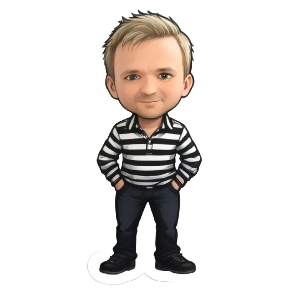 A cartoon character standing with his hands on his hips.