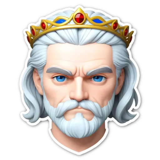 A man with a crown and white hair.