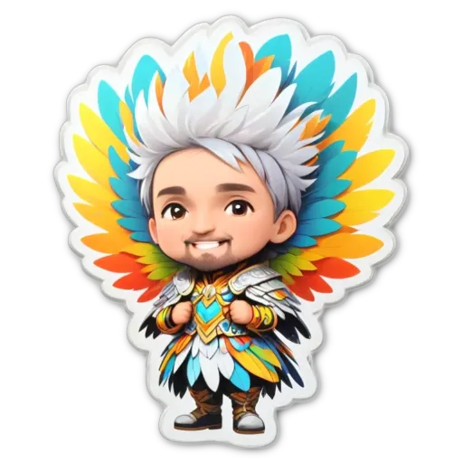 A colorful bird with a boy in a costume next to it.