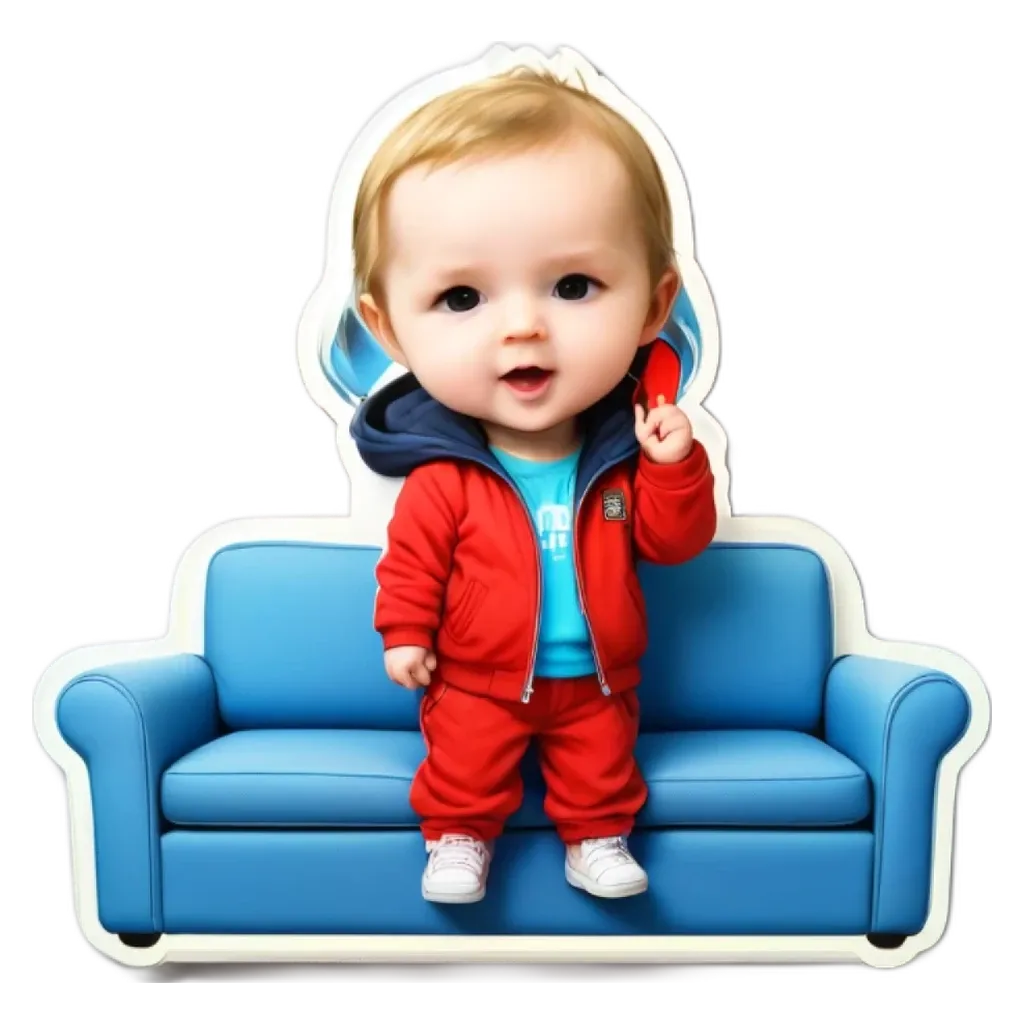 A cartoon image of a baby wearing red pajamas standing on a blue couch.