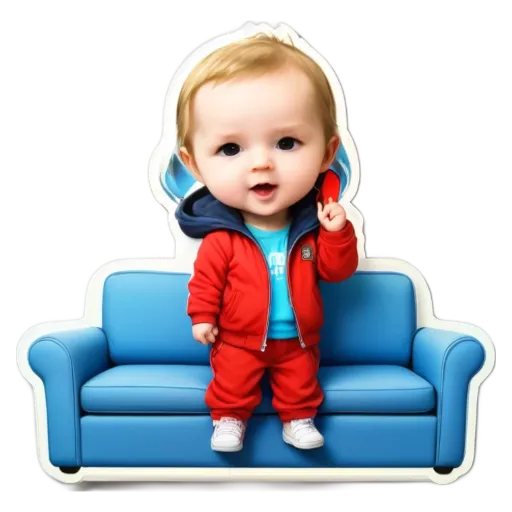 A cartoon image of a baby wearing red pajamas standing on a blue couch.