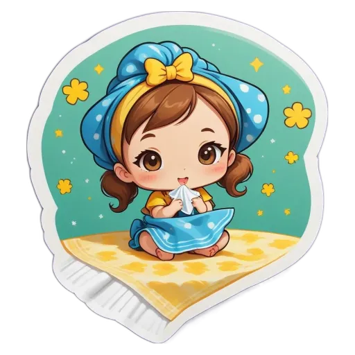 A girl is sitting on a blanket and blowing her nose.