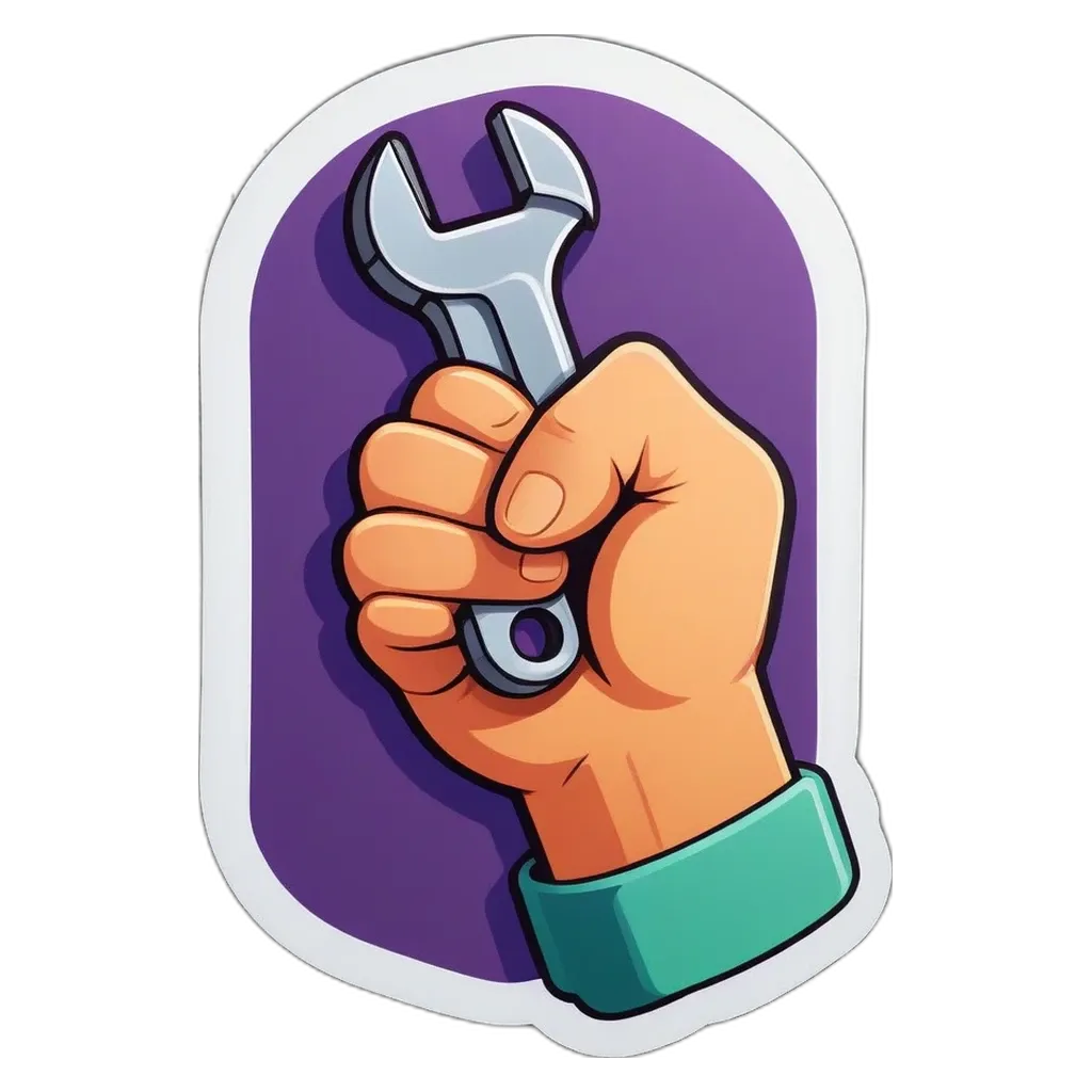 A cartoon depiction of a wrench being held up with a hand.