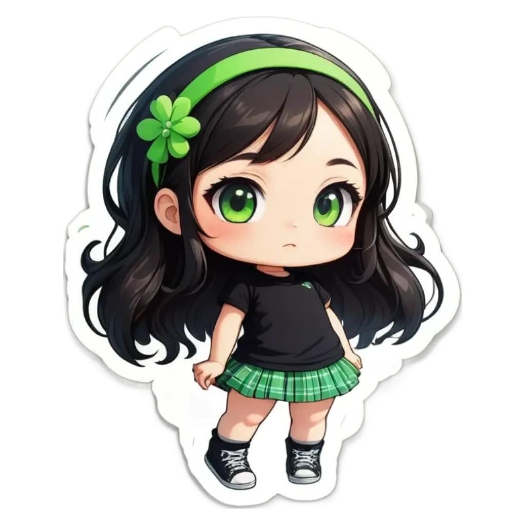 A girl with green headband and black shirt and skirt standing with her hands on her hips.