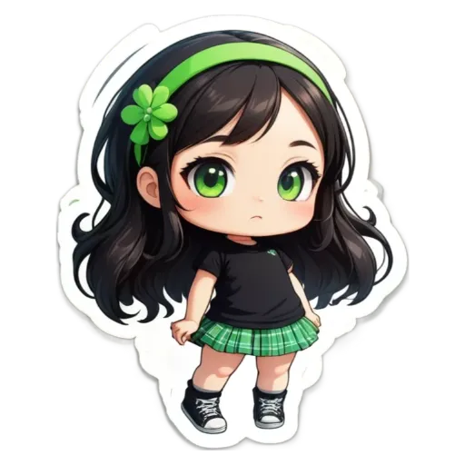 A girl with green headband and black shirt and skirt standing with her hands on her hips.