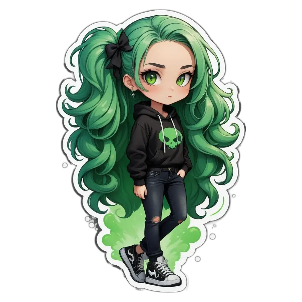 A girl with green hair and a skull and crossbones shirt.