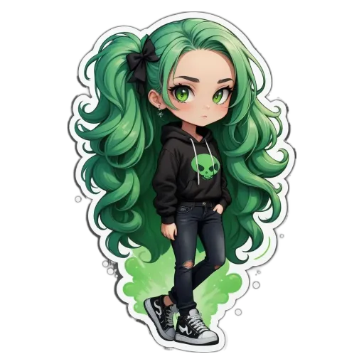 A girl with green hair and a skull and crossbones shirt.