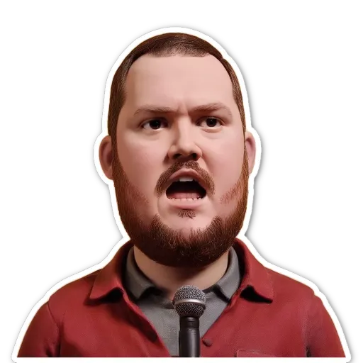 A man with a microphone and a fake angry facial expression.