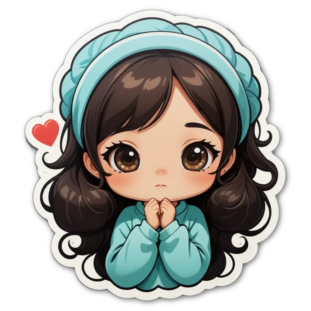 A girl with a blue shirt and a heart between her chest and her hair.