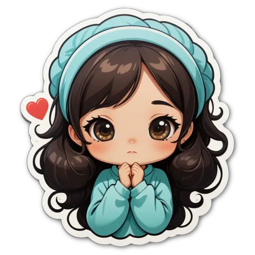 A girl with a blue shirt and a heart between her chest and her hair.