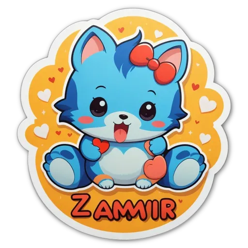 A blue cat with a heart for a nose holding a heart shaped bow.
