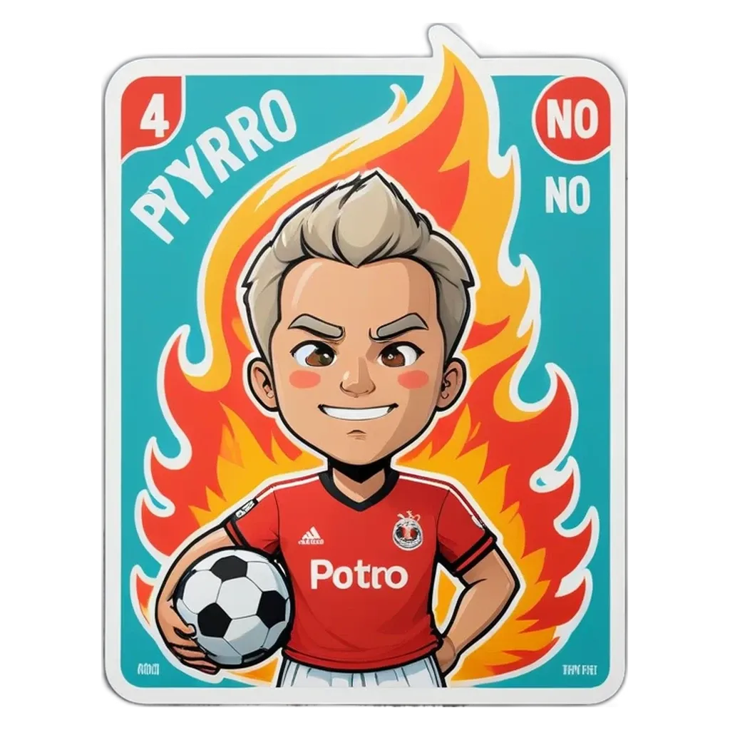A cartoon image of a boy playing soccer with a fire ball and a no potro sign.