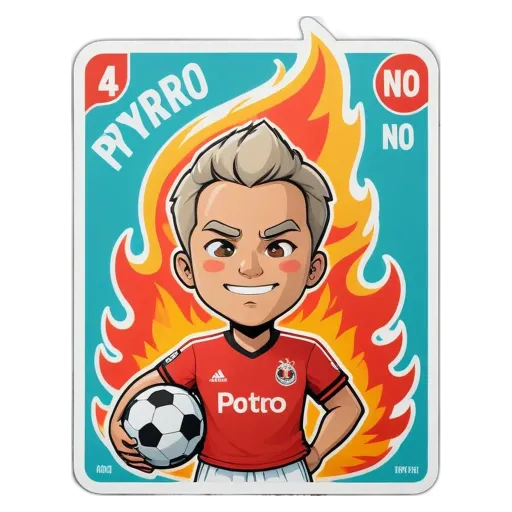 A cartoon image of a boy playing soccer with a fire ball and a no potro sign.