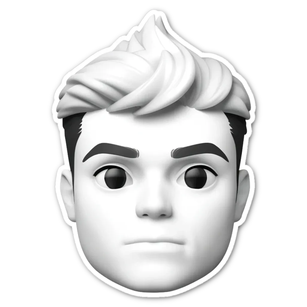 A sticker of a face of a boy with white hair and black eyes.