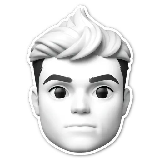 A sticker of a face of a boy with white hair and black eyes.