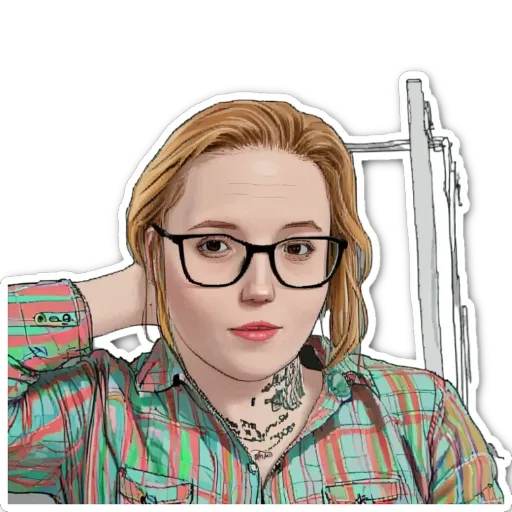 A woman with glasses is touching her collar.