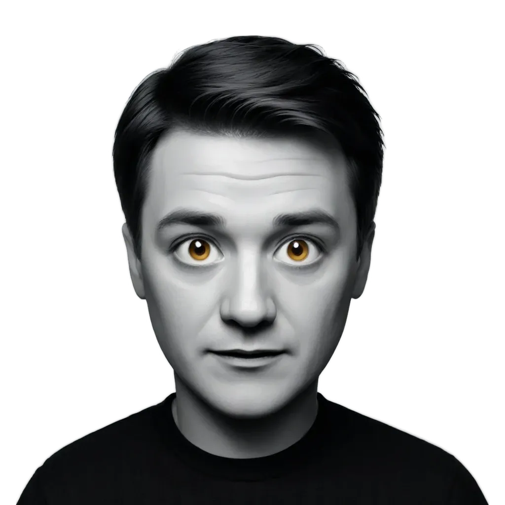 A black and white photo of a man with yellow eyes.