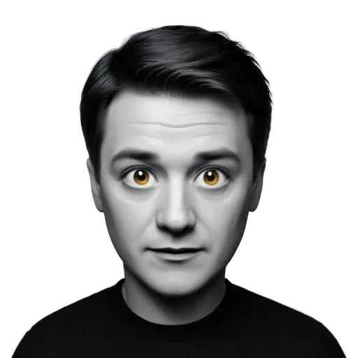 A black and white photo of a man with yellow eyes.