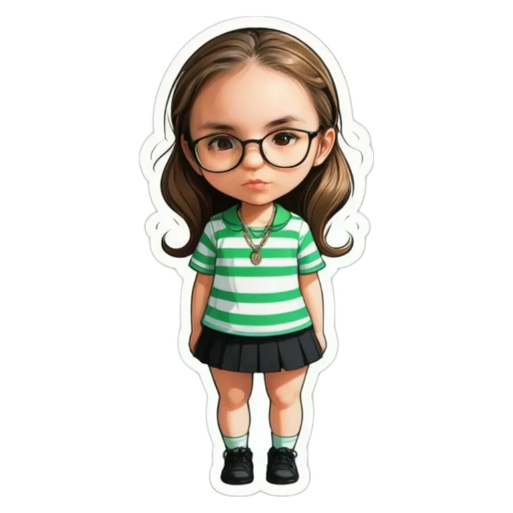 A girl wearing glasses and a green and white striped shirt.