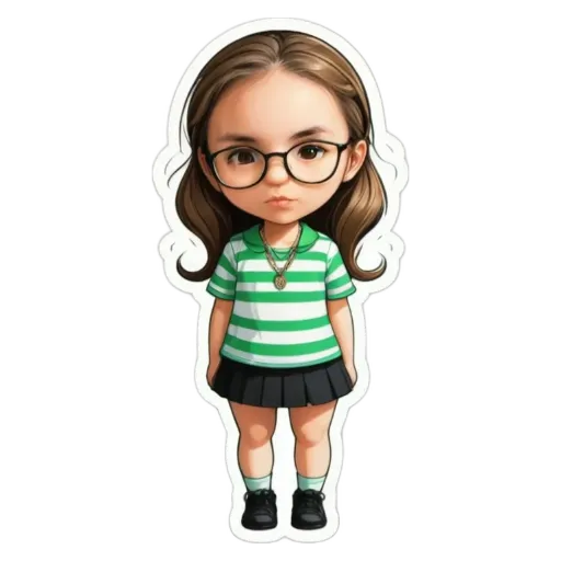 A girl wearing glasses and a green and white striped shirt.