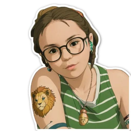 A girl with a lion tattoo on her arm is wearing glasses.