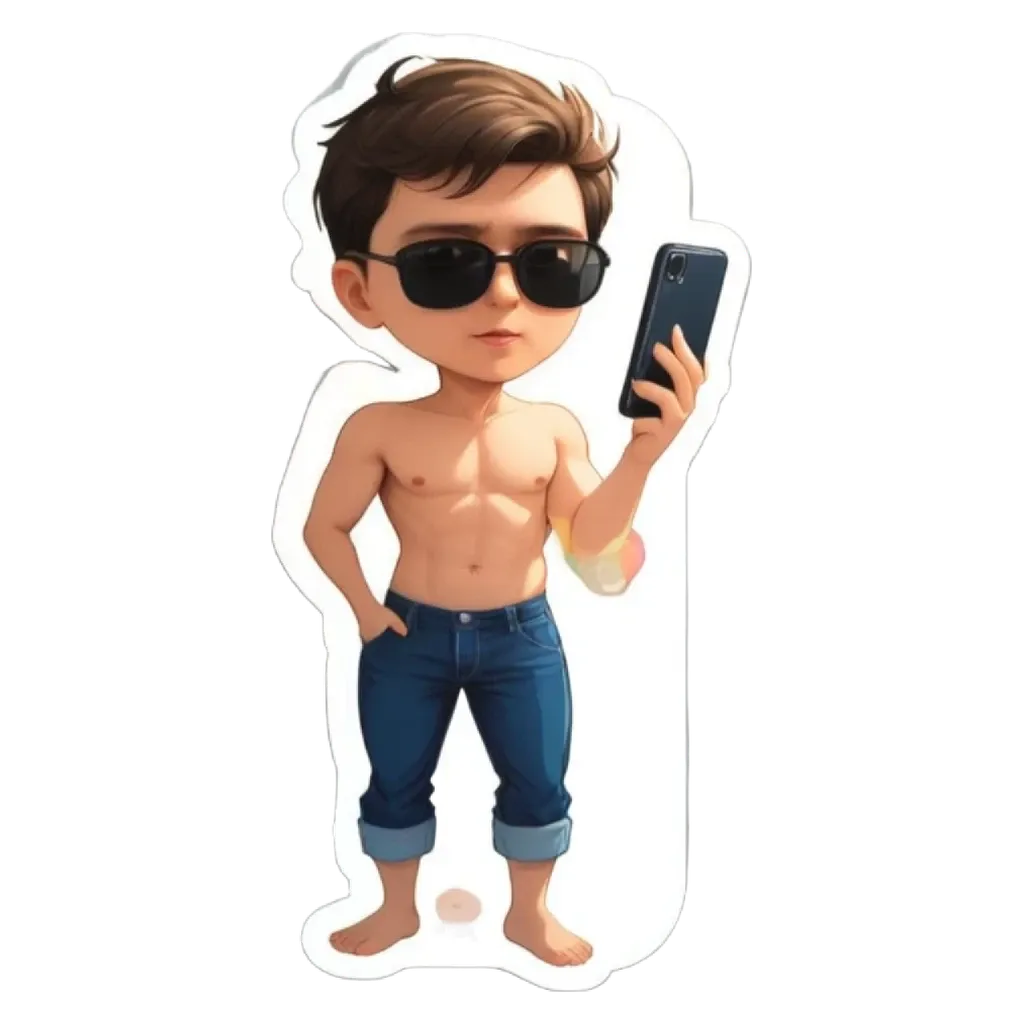 A cartoonish image of a shirtless man wearing sunglasses and holding a cell phone.
