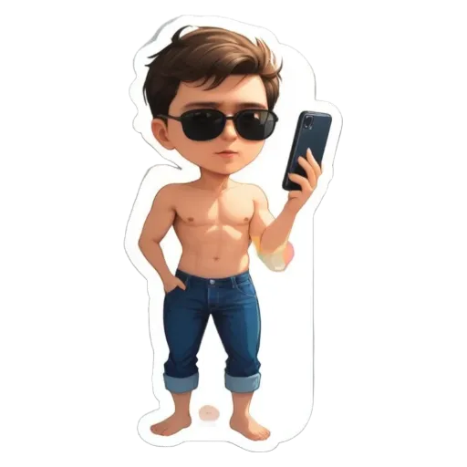 A cartoonish image of a shirtless man wearing sunglasses and holding a cell phone.