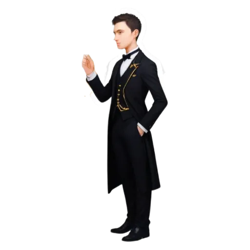 A man holding a tie is wearing a black tuxedo.