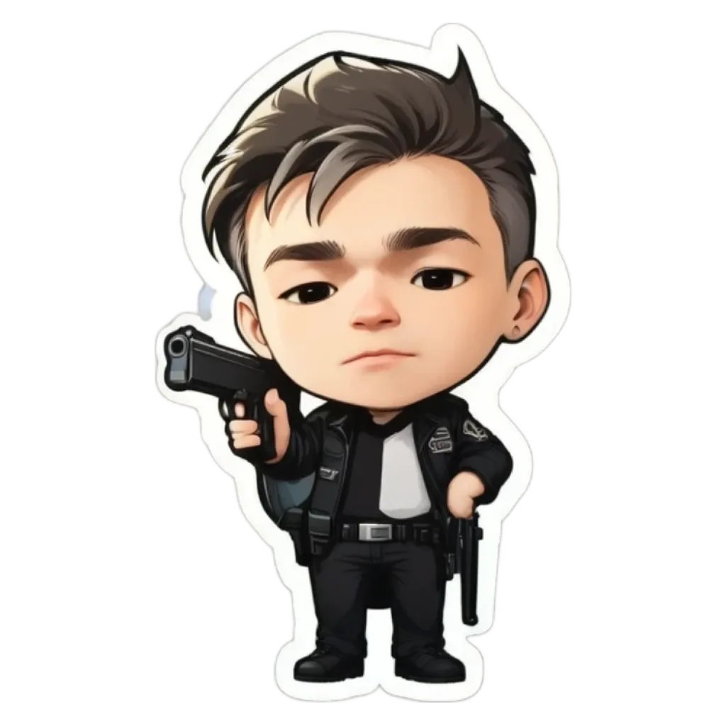 A boy is holding a gun and has a steely look on his face.