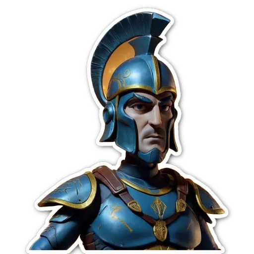 A very detailed and accurate blue and gold helmet of a Roman soldier.