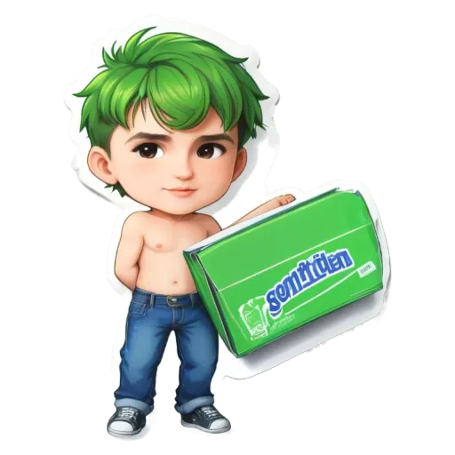 A cartoon boy holding a box of Gintigren.
