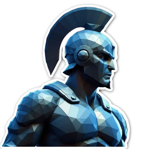 A man in a polygonal headdress is displayed on a black background.
