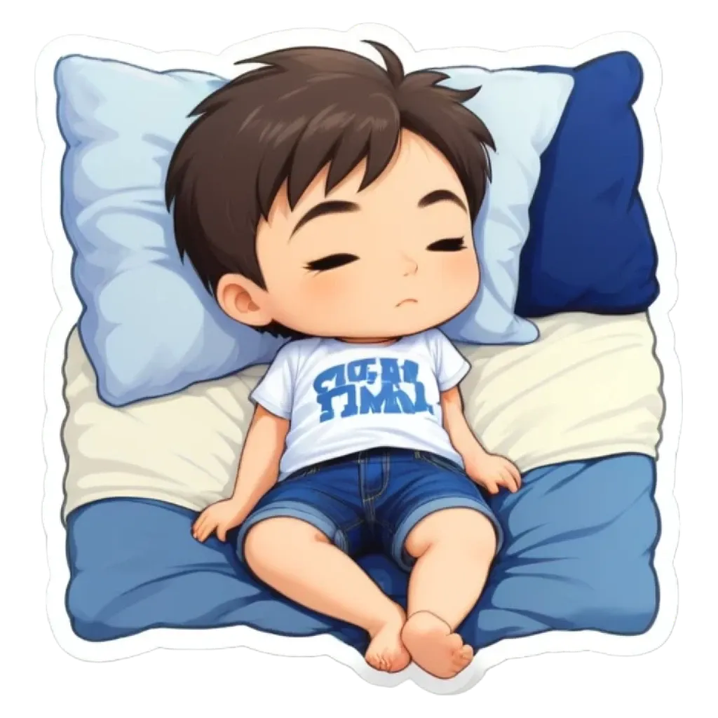 A boy is sleeping on a bed and has a shirt that says "time" on it.