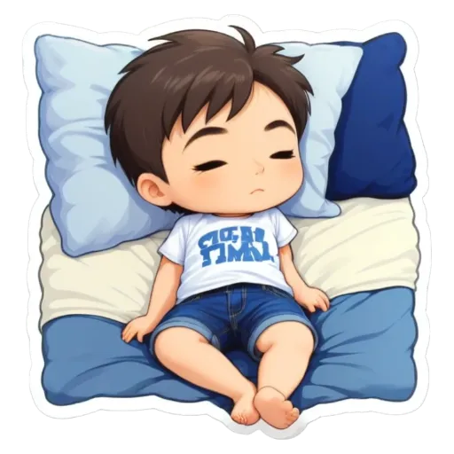A boy is sleeping on a bed and has a shirt that says "time" on it.