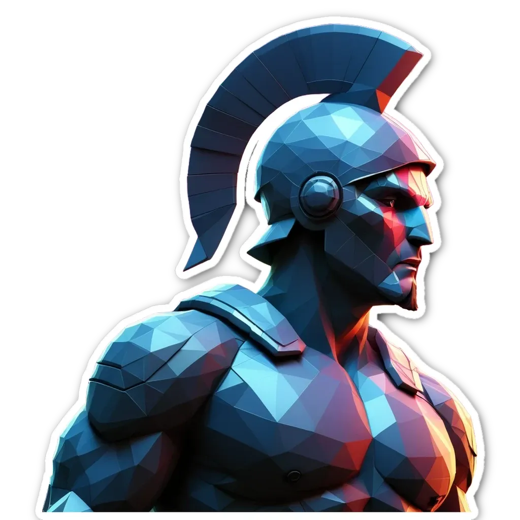 A man in a polygonal headdress is standing on a black background.