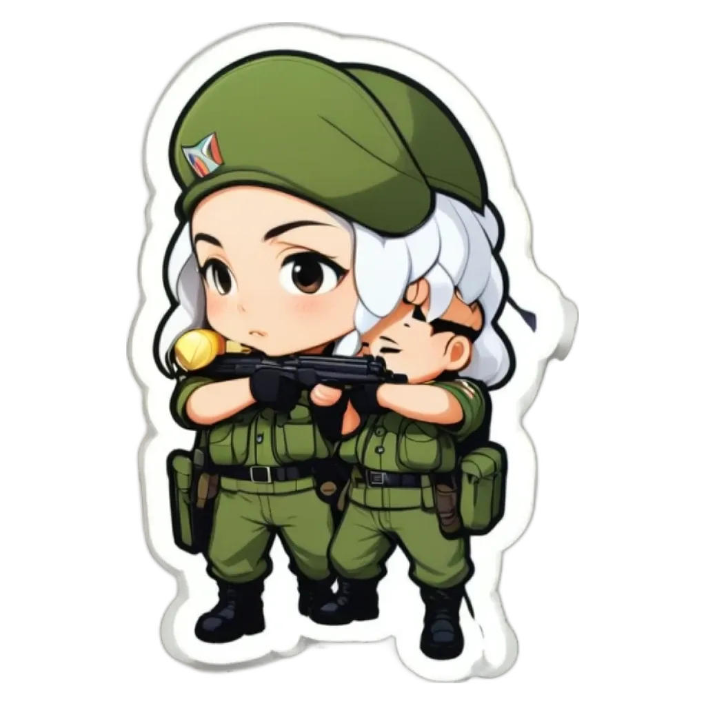 Two soldiers with a girl between them with a gun.