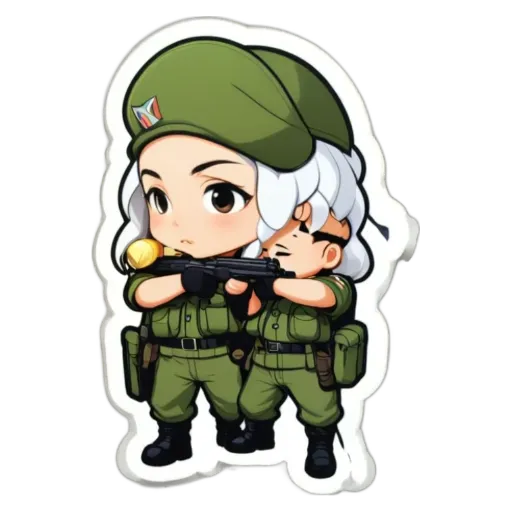 Two soldiers with a girl between them with a gun.