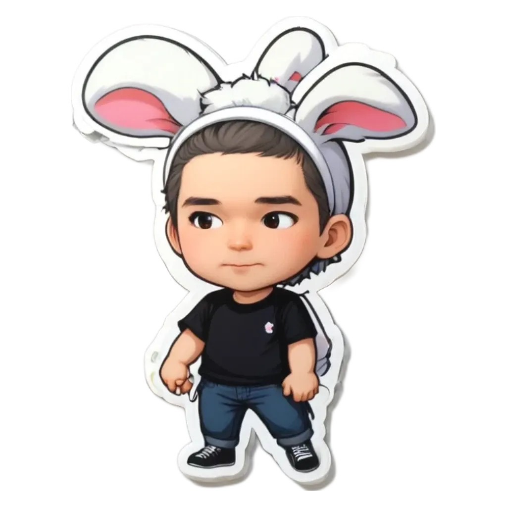 A boy with a bunny head is wearing a black shirt.