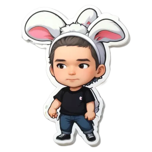 A boy with a bunny head is wearing a black shirt.