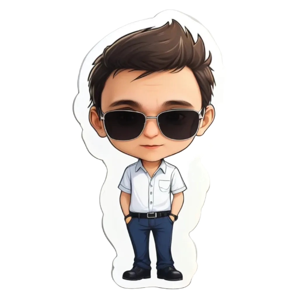 A cartoonish man wearing sunglasses and a white shirt with a pocket.