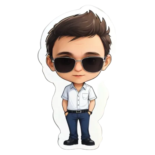 A cartoonish man wearing sunglasses and a white shirt with a pocket.