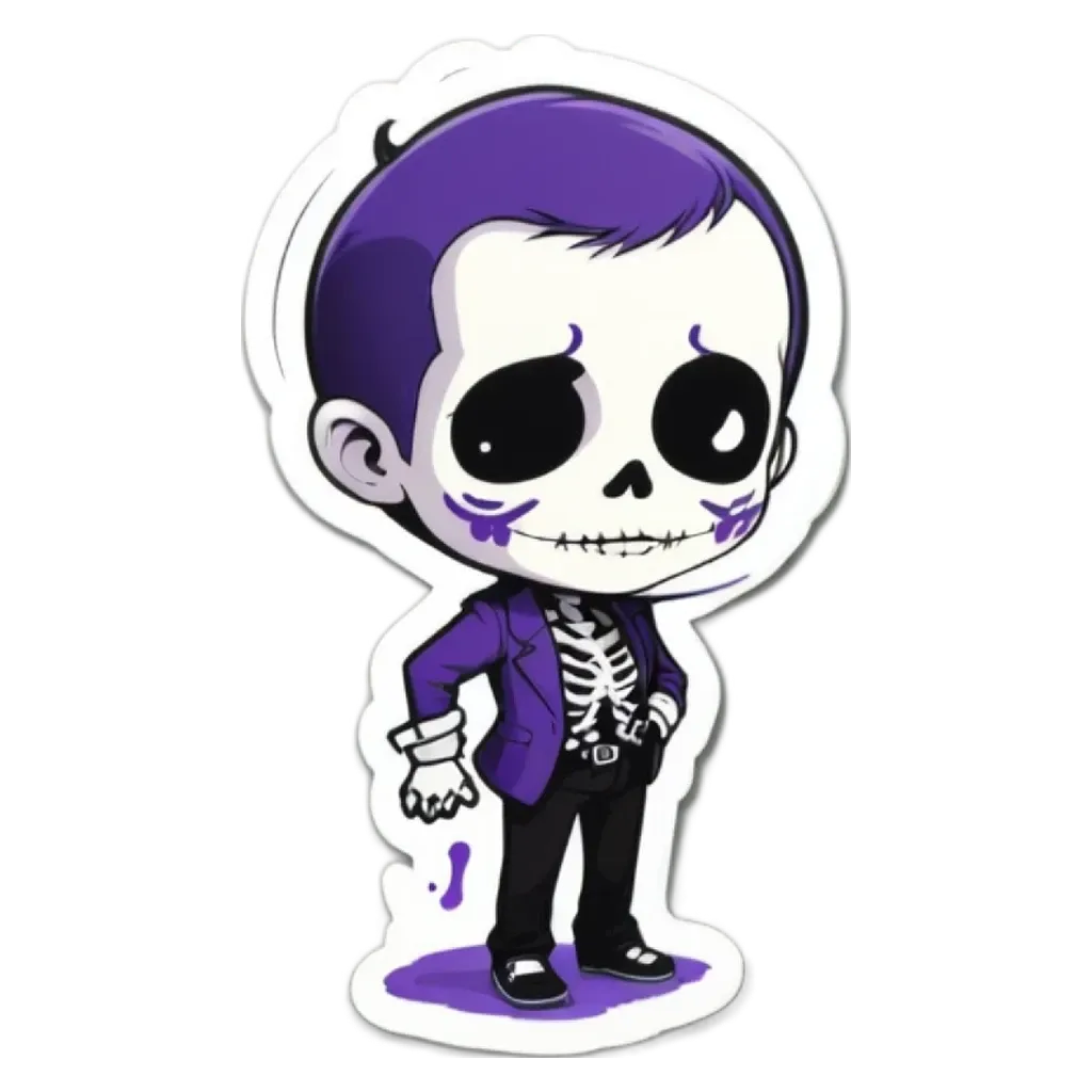 A skeleton wearing black and purple clothing.