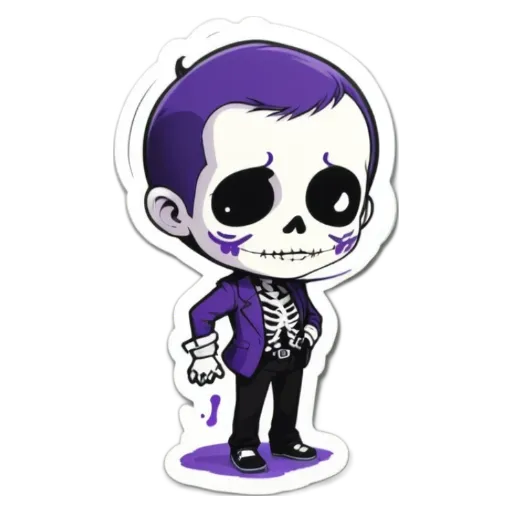 A skeleton wearing black and purple clothing.