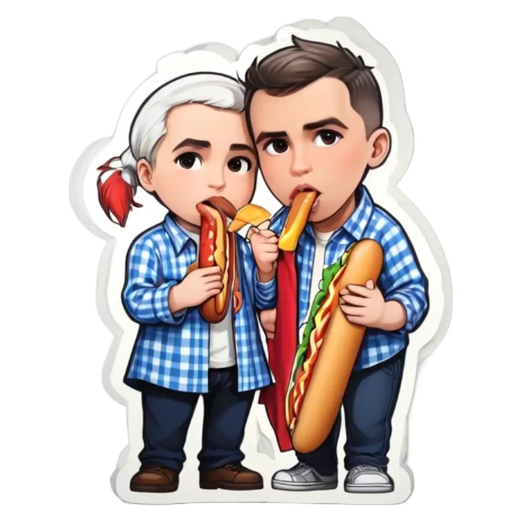 Two boys eating hot dogs, one is holding a hot dog with both hands.
