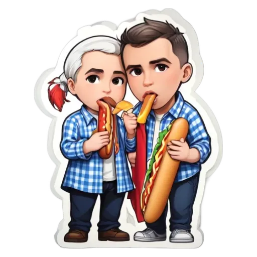 Two boys eating hot dogs, one is holding a hot dog with both hands.