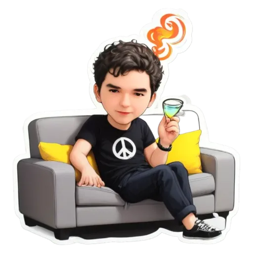 A peace sign wearing black t - shirt is holding a glass of blue liquid.