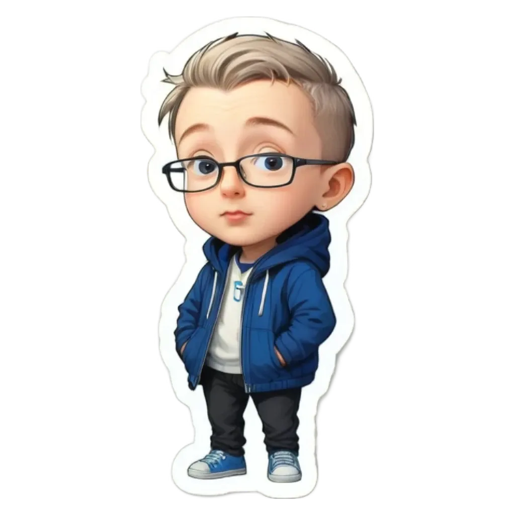 A boy wearing glasses and a blue jacket.