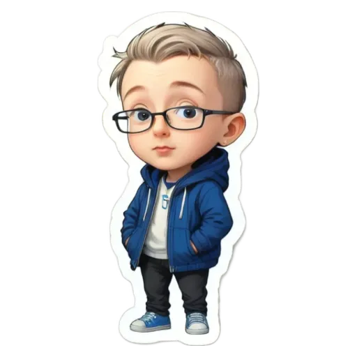 A boy wearing glasses and a blue jacket.